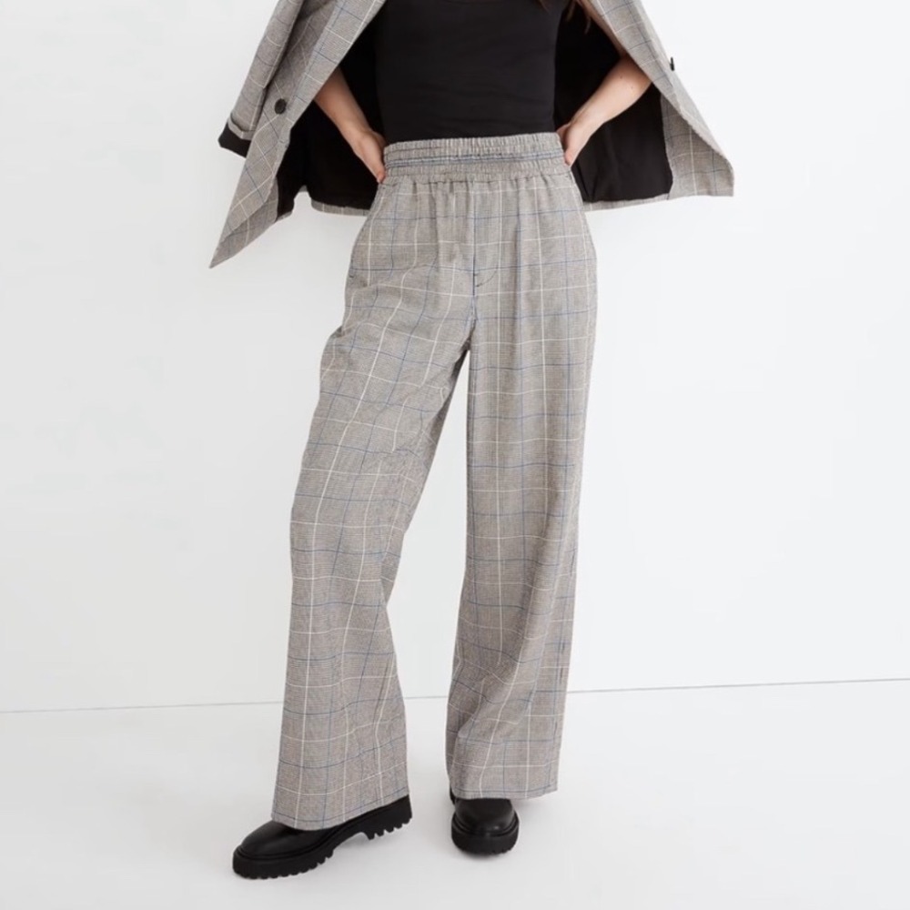 Madewell Carley Wide Leg Checker Pull On Trousers in Riviera Coast plaid size L